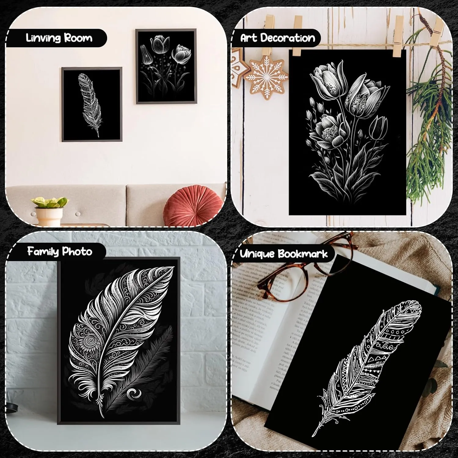 100 Sheet Black Scratch Paper Art Set 8. 5 x 11 Inch Coated Scratchboard Scratch Paper with Wooden Stylus Sharpener and Stencils DIY Painting Art for Adults