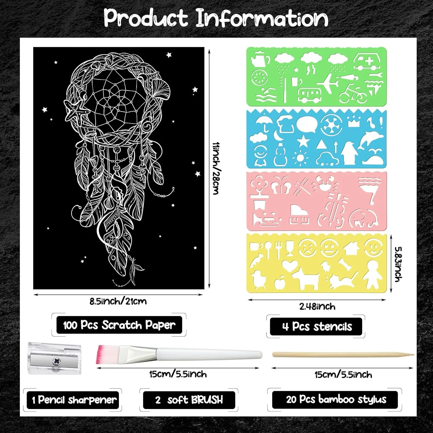100 Sheet Black Scratch Paper Art Set 8. 5 x 11 Inch Coated Scratchboard Scratch Paper with Wooden Stylus Sharpener and Stencils DIY Painting Art for Adults