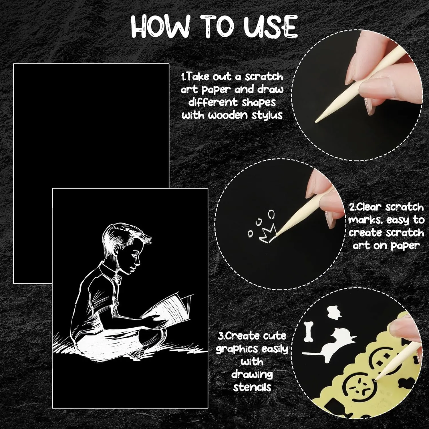 100 Sheet Black Scratch Paper Art Set 8. 5 x 11 Inch Coated Scratchboard Scratch Paper with Wooden Stylus Sharpener and Stencils DIY Painting Art for Adults