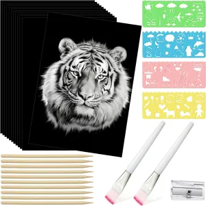 100 Sheet Black Scratch Paper Art Set 8. 5 x 11 Inch Coated Scratchboard Scratch Paper with Wooden Stylus Sharpener and Stencils DIY Painting Art for Adults