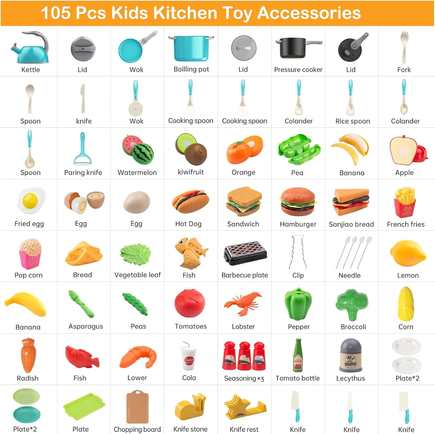 105Pcs Kids Kitchen Toy Accessories, Toddler Pretend BBQ Camping Cooking Playset, Play Pots, Pans, Utensils Cookware Toys, Play Food Set, Vegetables, Learning Gift for Girls Boys (Turquoise)