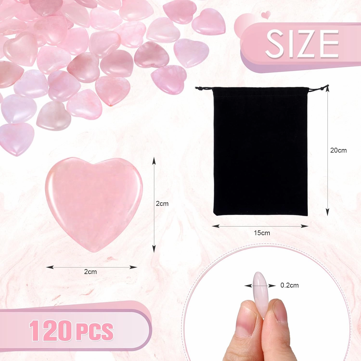 120 Pcs Heart Quartz Bulk Crystals Stone Bulk Natural Polished Quartz Stone Heart Love Carved Healing Crystal Stone Worry Stone with Flannel Bag for Mother's Day Gifts(Rose Quartz)