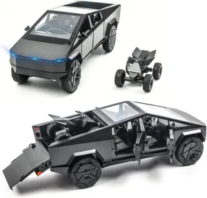1/24 Alloy Pickup Truck Die-Cast Model Toy Car - Open Doors, Sound and Light, Pull-Back Action with Off-Road Motorcycle, Collectible Metal Vehicle for Kids & Adult(Black)