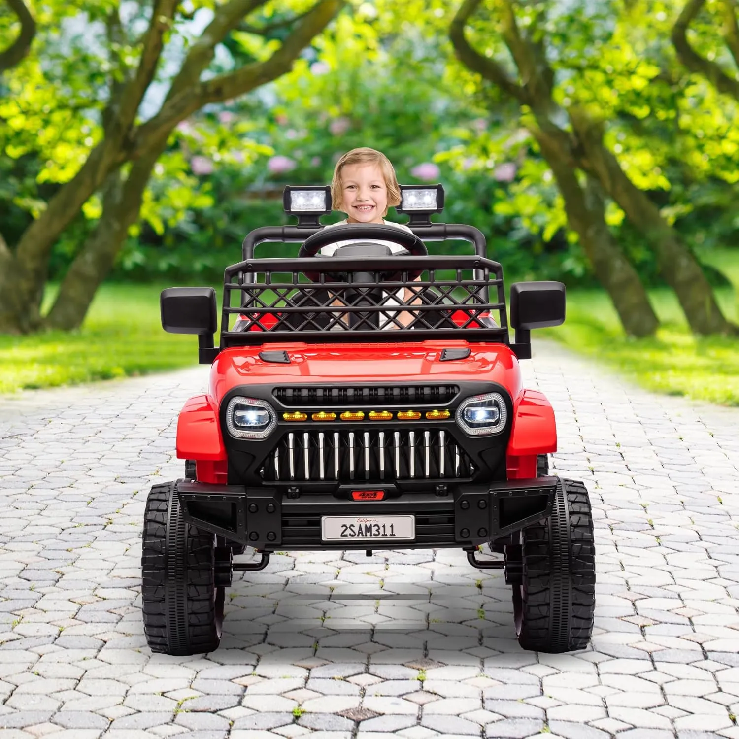 12V Ride On Car for Kids Electric Vehicle Toddlers Battery Powered Truck Car Toy with Remote Control, 4-Wheel Suspension, Battery Display, LED Lights, Music, for Boys Girls, Red
