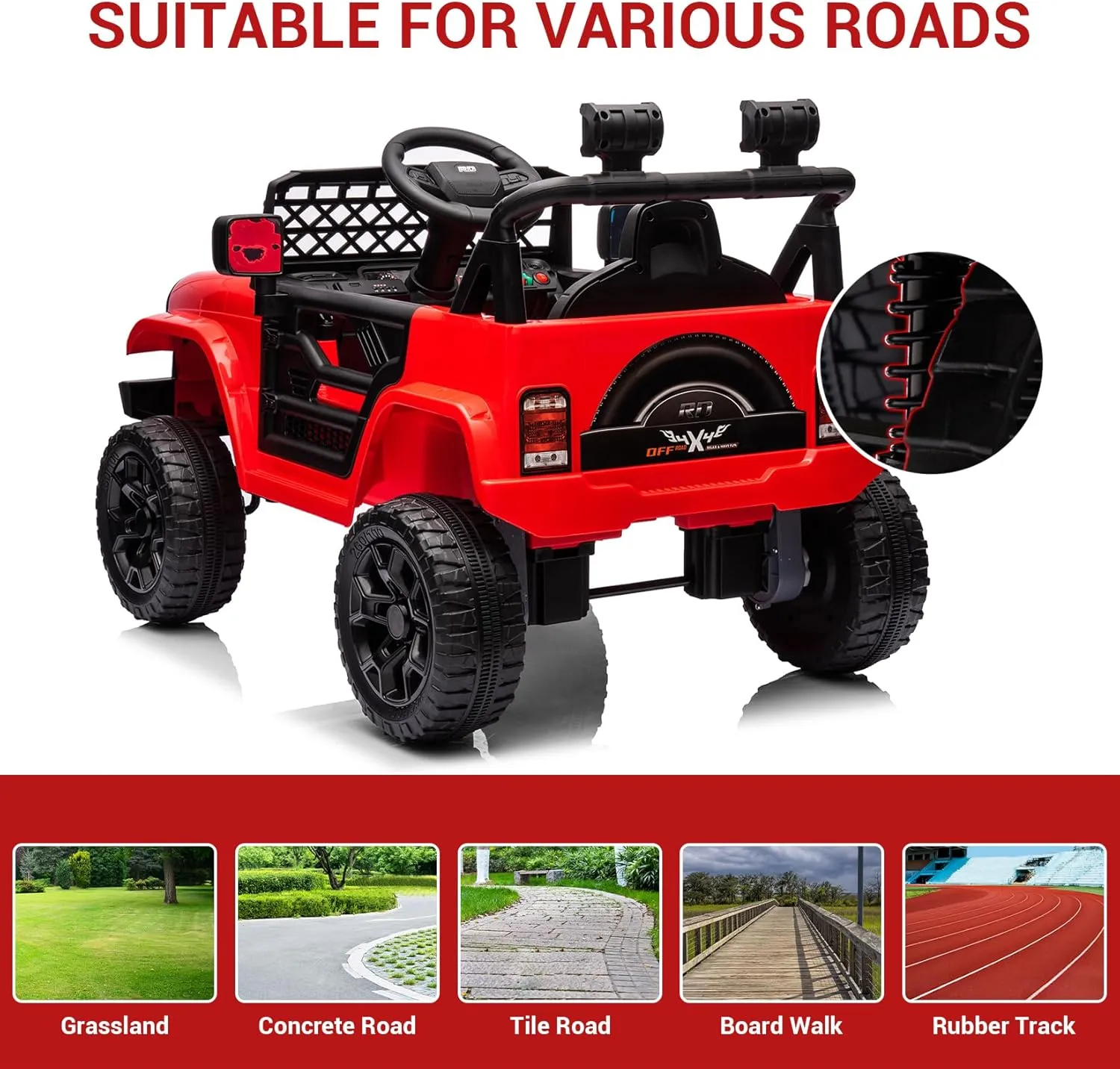 12V Ride On Car for Kids Electric Vehicle Toddlers Battery Powered Truck Car Toy with Remote Control, 4-Wheel Suspension, Battery Display, LED Lights, Music, for Boys Girls, Red