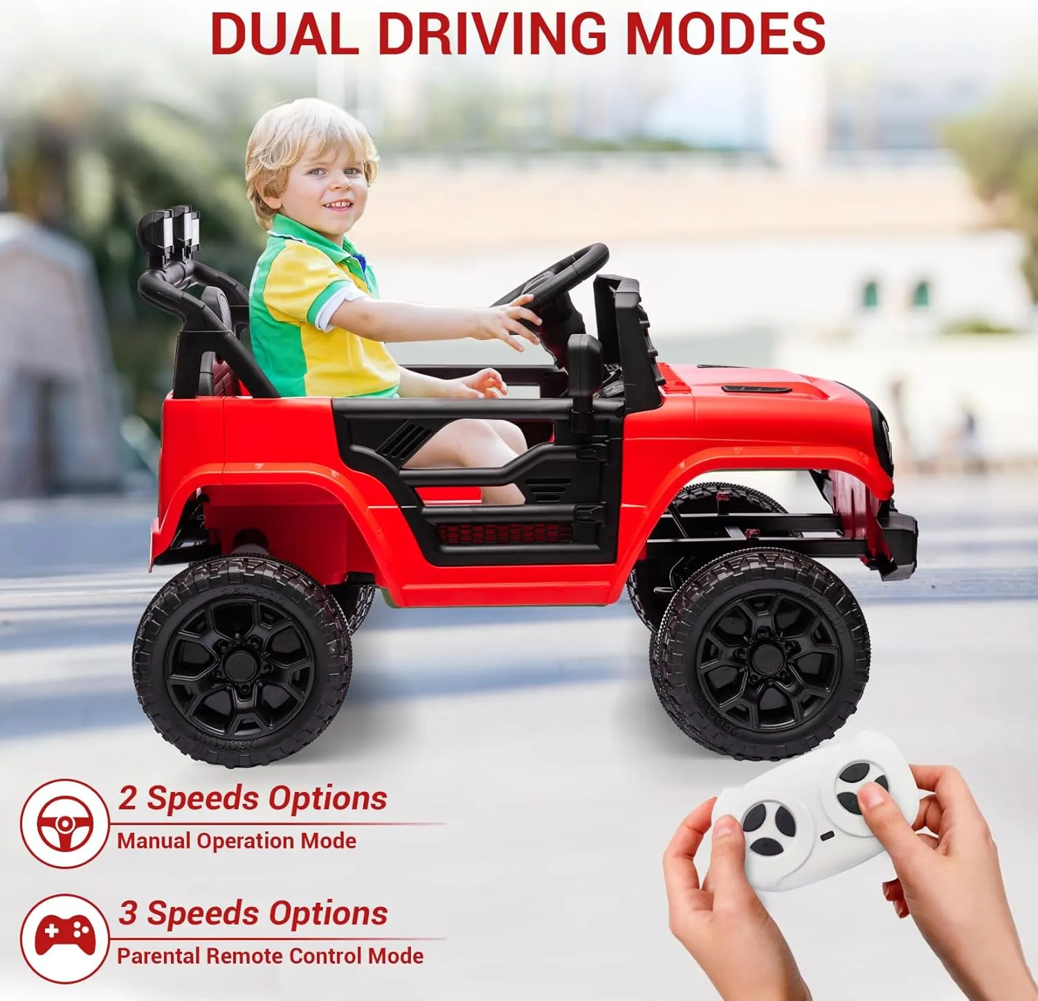 12V Ride On Car for Kids Electric Vehicle Toddlers Battery Powered Truck Car Toy with Remote Control, 4-Wheel Suspension, Battery Display, LED Lights, Music, for Boys Girls, Red