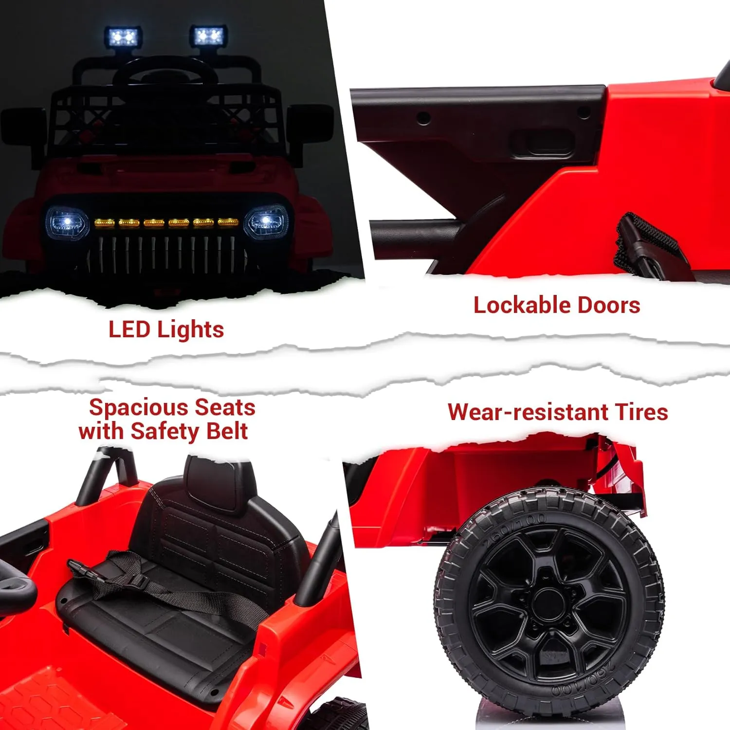 12V Ride On Car for Kids Electric Vehicle Toddlers Battery Powered Truck Car Toy with Remote Control, 4-Wheel Suspension, Battery Display, LED Lights, Music, for Boys Girls, Red