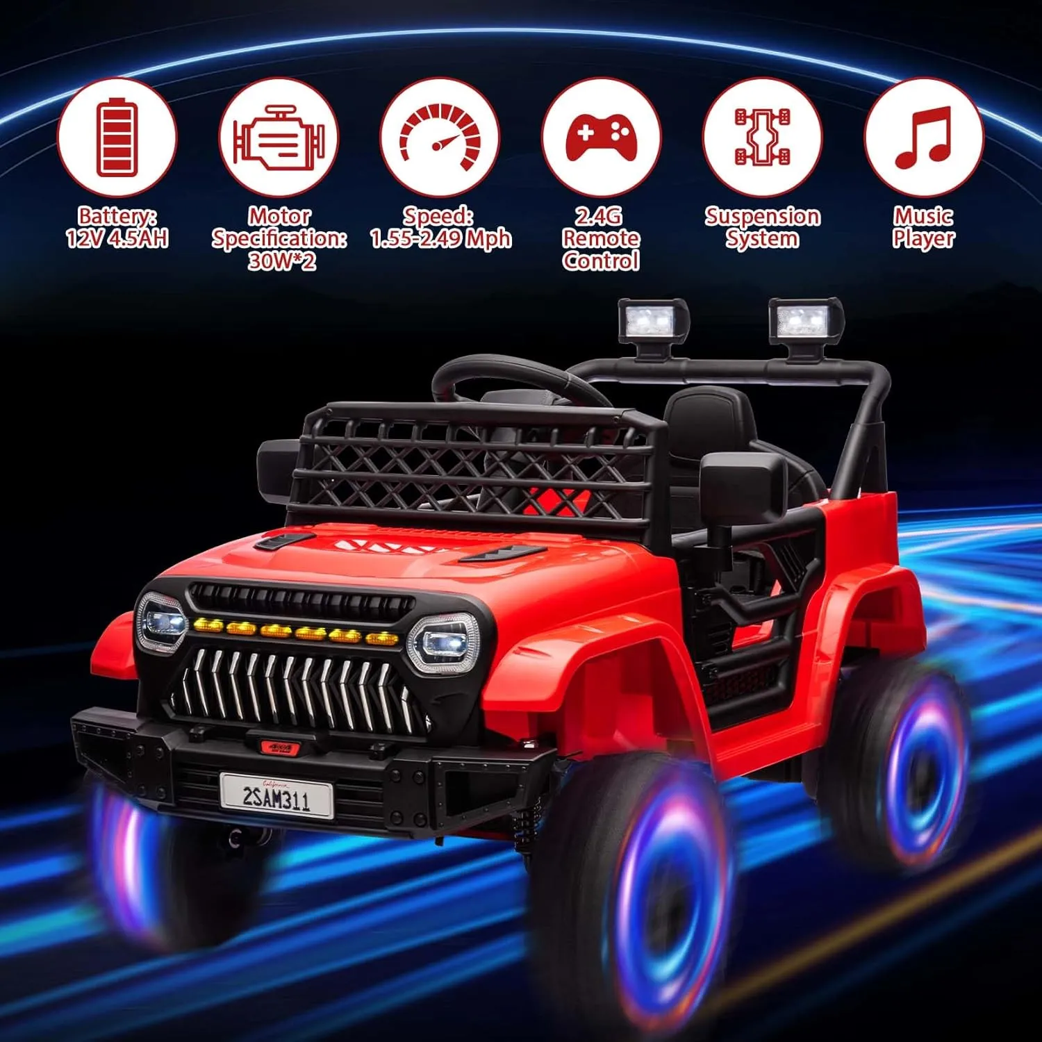 12V Ride On Car for Kids Electric Vehicle Toddlers Battery Powered Truck Car Toy with Remote Control, 4-Wheel Suspension, Battery Display, LED Lights, Music, for Boys Girls, Red