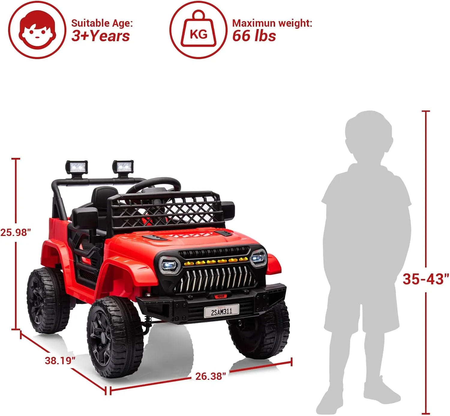 12V Ride On Car for Kids Electric Vehicle Toddlers Battery Powered Truck Car Toy with Remote Control, 4-Wheel Suspension, Battery Display, LED Lights, Music, for Boys Girls, Red