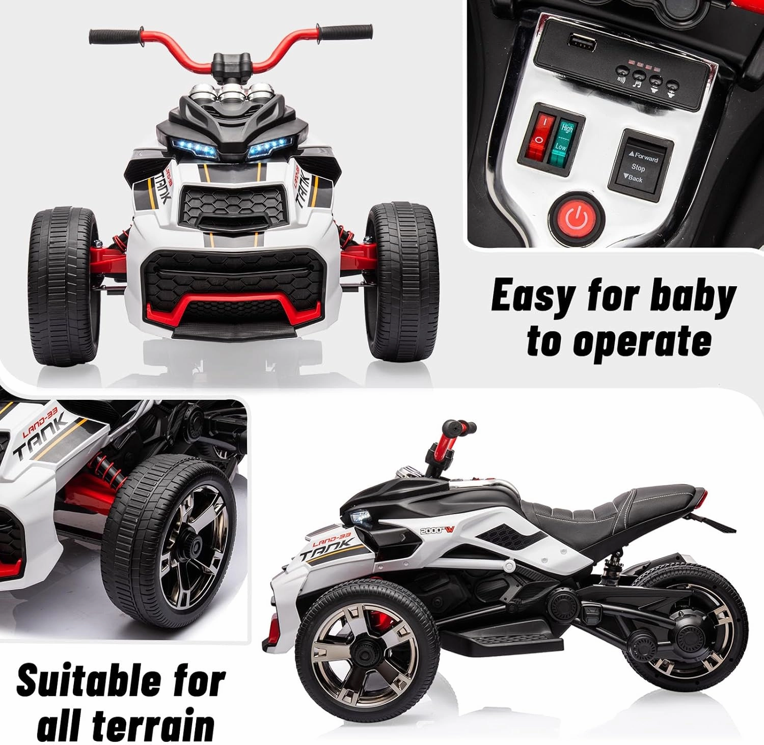 12V 3 Wheeler Ride On ATV Electric Motorcycle, Battery Powered Electric Vehicle w/Led Lights, High & Low Speed, Horn, Music, USB, Treaded Tires, Ride On Car for Kids Gift, White
