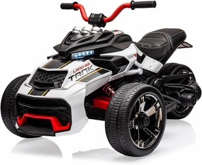 12V 3 Wheeler Ride On ATV Electric Motorcycle, Battery Powered Electric Vehicle w/Led Lights, High & Low Speed, Horn, Music, USB, Treaded Tires, Ride On Car for Kids Gift, White
