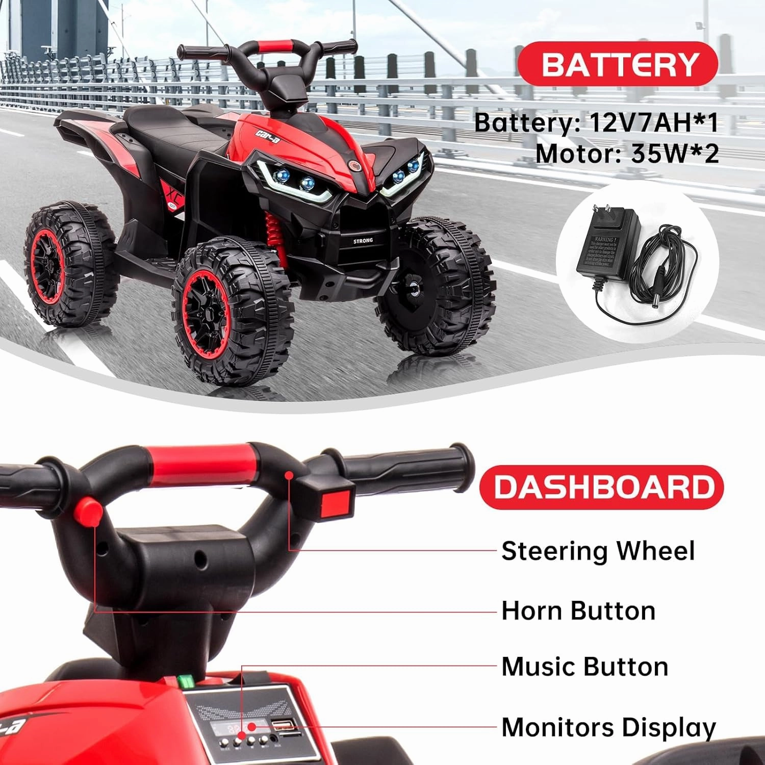 12V Kids Ride On ATV, 4 Wheeler Electric Vehicle for Toddlers, Battery Powered Motorized Quad Toy Car for Boys Girls with LED Lights, Music, High Low Speed, USB, Soft Start, Treaded Tires, Red