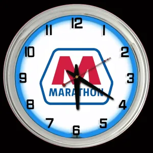 16" Marathon Oil Nostalgic Sign Blue Neon Wall Clock Garage Man Cave