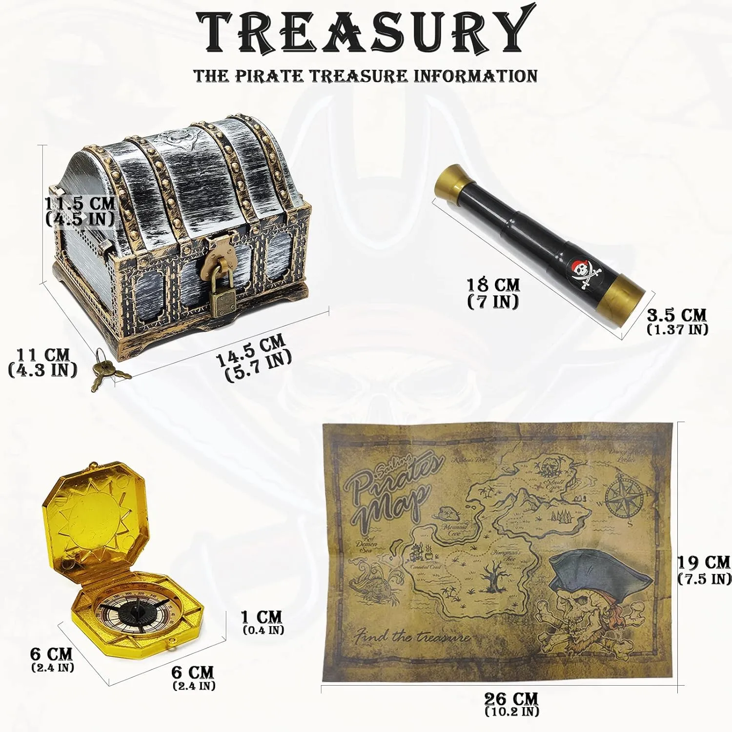 177-Piece Kids' Pirate Treasure Chest - Treasure Hunt Kit with Lockable Vintage Chest, Plastic Compass, Pirate Map for Halloween & Cosplay Party Favors