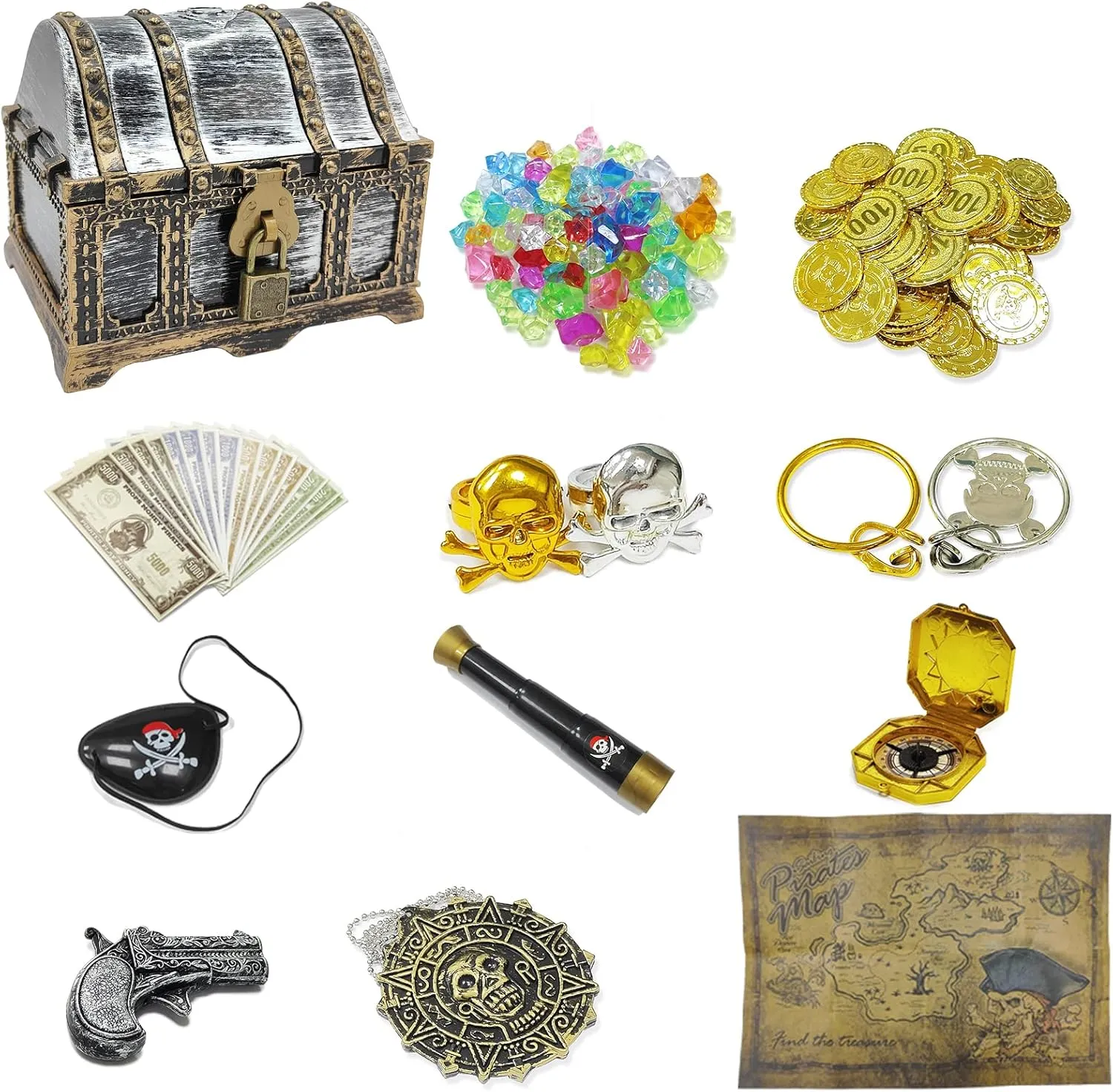 177-Piece Kids' Pirate Treasure Chest - Treasure Hunt Kit with Lockable Vintage Chest, Plastic Compass, Pirate Map for Halloween & Cosplay Party Favors