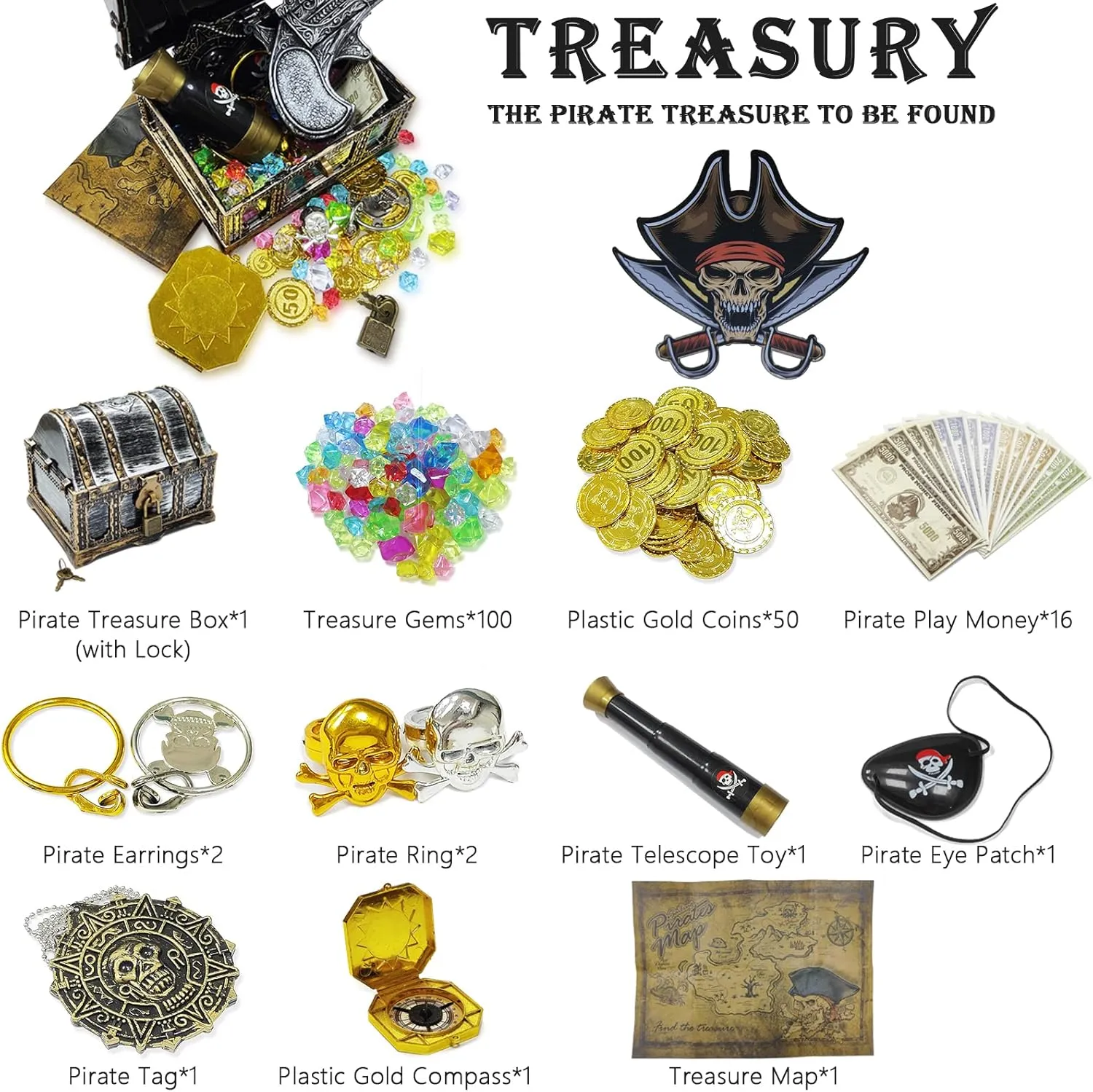 177-Piece Kids' Pirate Treasure Chest - Treasure Hunt Kit with Lockable Vintage Chest, Plastic Compass, Pirate Map for Halloween & Cosplay Party Favors