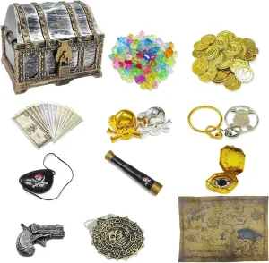 177-Piece Kids' Pirate Treasure Chest - Treasure Hunt Kit with Lockable Vintage Chest, Plastic Compass, Pirate Map for Halloween & Cosplay Party Favors