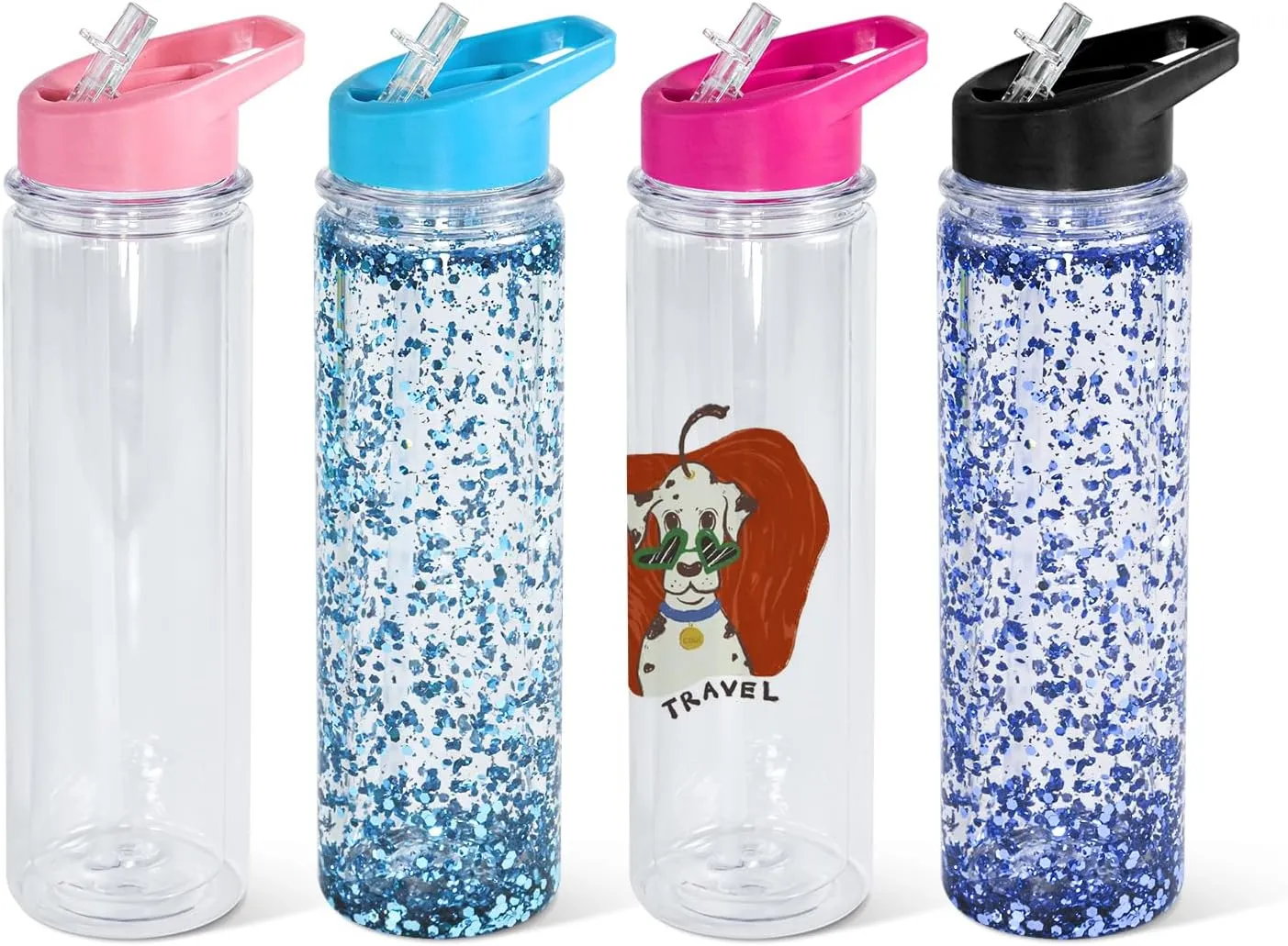 18oz 4 Pack Double Wall Clear Water Bottle Bulk Plastic Snow Globe Tumbler with Handle Lid, Acrylic Pre-Drilled Hole with Stopper Sippy Snow Globe Kid Water Bottle for Scool Sport DIY Gift