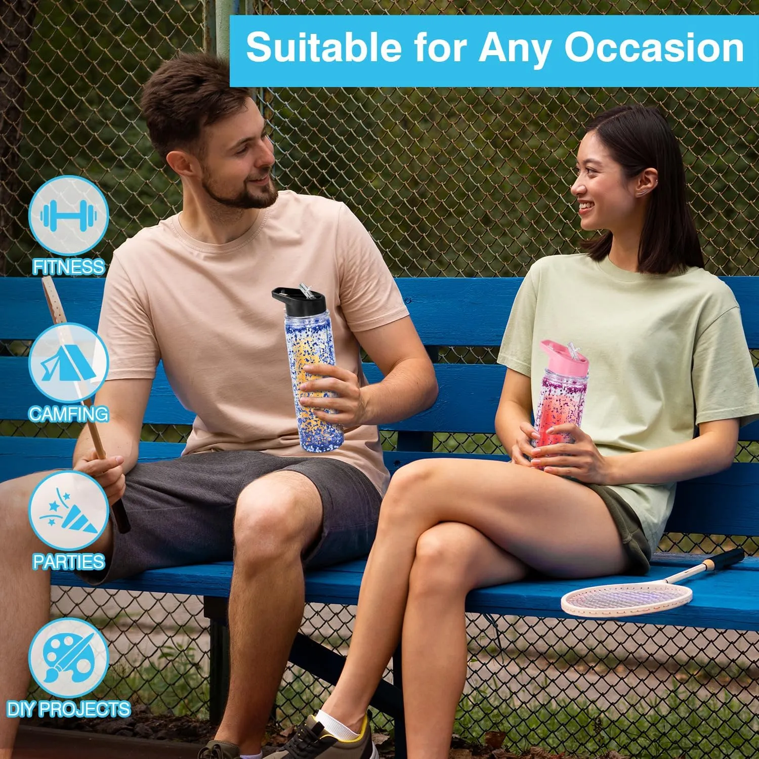 18oz 4 Pack Double Wall Clear Water Bottle Bulk Plastic Snow Globe Tumbler with Handle Lid, Acrylic Pre-Drilled Hole with Stopper Sippy Snow Globe Kid Water Bottle for Scool Sport DIY Gift