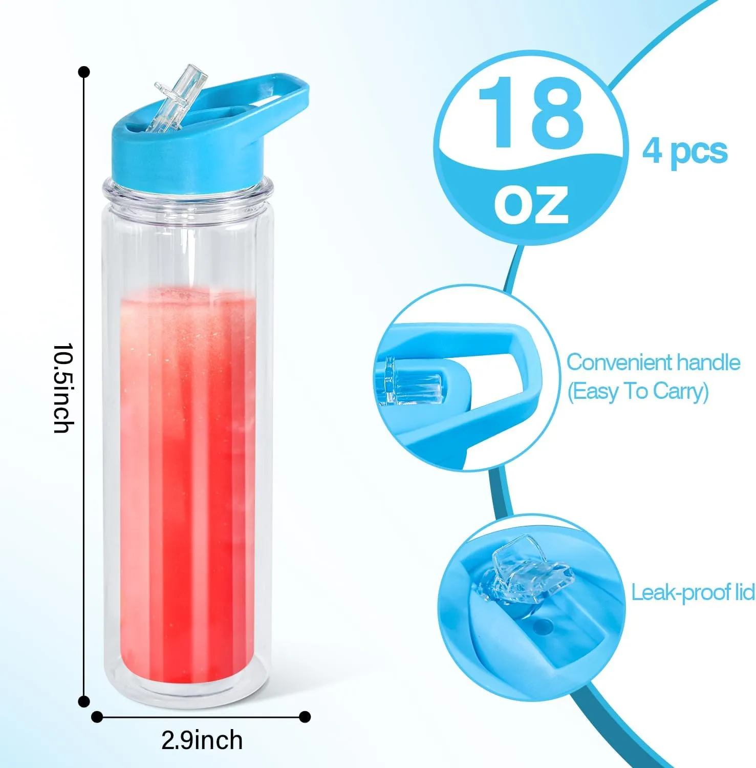 18oz 4 Pack Double Wall Clear Water Bottle Bulk Plastic Snow Globe Tumbler with Handle Lid, Acrylic Pre-Drilled Hole with Stopper Sippy Snow Globe Kid Water Bottle for Scool Sport DIY Gift