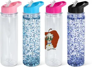 18oz 4 Pack Double Wall Clear Water Bottle Bulk Plastic Snow Globe Tumbler with Handle Lid, Acrylic Pre-Drilled Hole with Stopper Sippy Snow Globe Kid Water Bottle for Scool Sport DIY Gift
