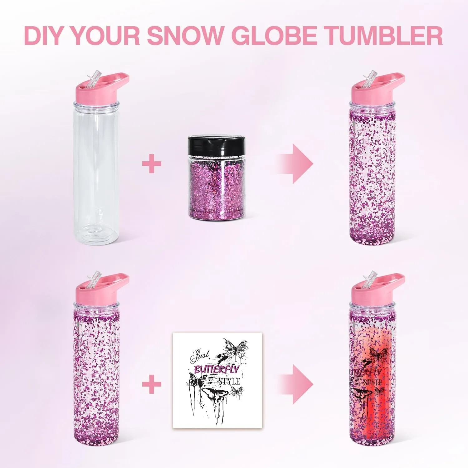 18oz 4 Pack Double Wall Clear Water Bottle Bulk Plastic Snow Globe Tumbler with Handle Lid, Acrylic Pre-Drilled Hole with Stopper Sippy Snow Globe Kid Water Bottle for Scool Sport DIY Gift
