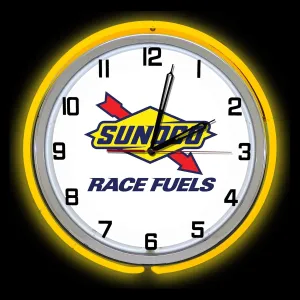 19 Sunoco Race Fuels Sign Double Neon Clock, Two Neon Tubes, Yellow Outside Tube