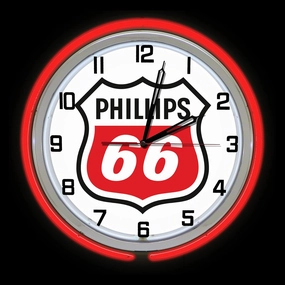 19" Phillips 66 Sign Red Neon Clock, Two Neon Tubes, RED Outside Tube
