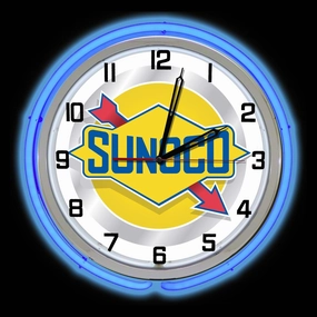 19" Sunoco Fuels Sign Neon Clock, Two Neon Tubes, Blue Outside Tube…