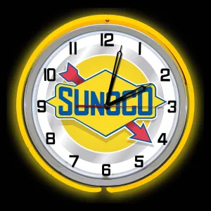 19" Sunoco Fuels Sign Neon Clock, Two Neon Tubes, Yellow Outside Tube…