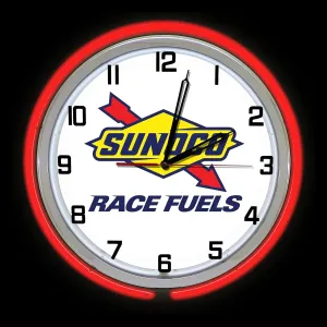 19" Sunoco Racing Fuels Sign Neon Clock, RED Outside Tube, Two Neon Tubes