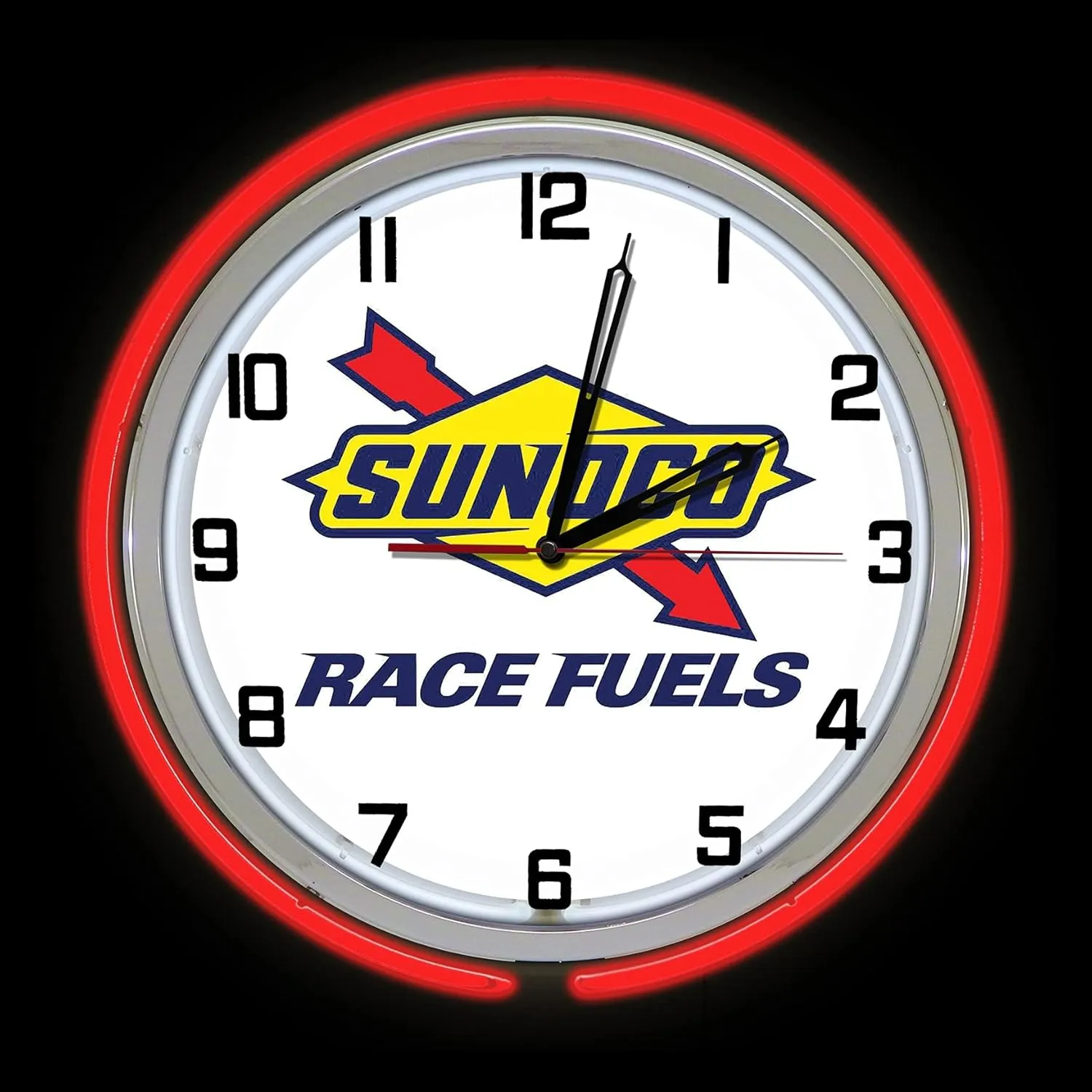 19" Sunoco Racing Fuels Sign Neon Clock, RED Outside Tube, Two Neon Tubes