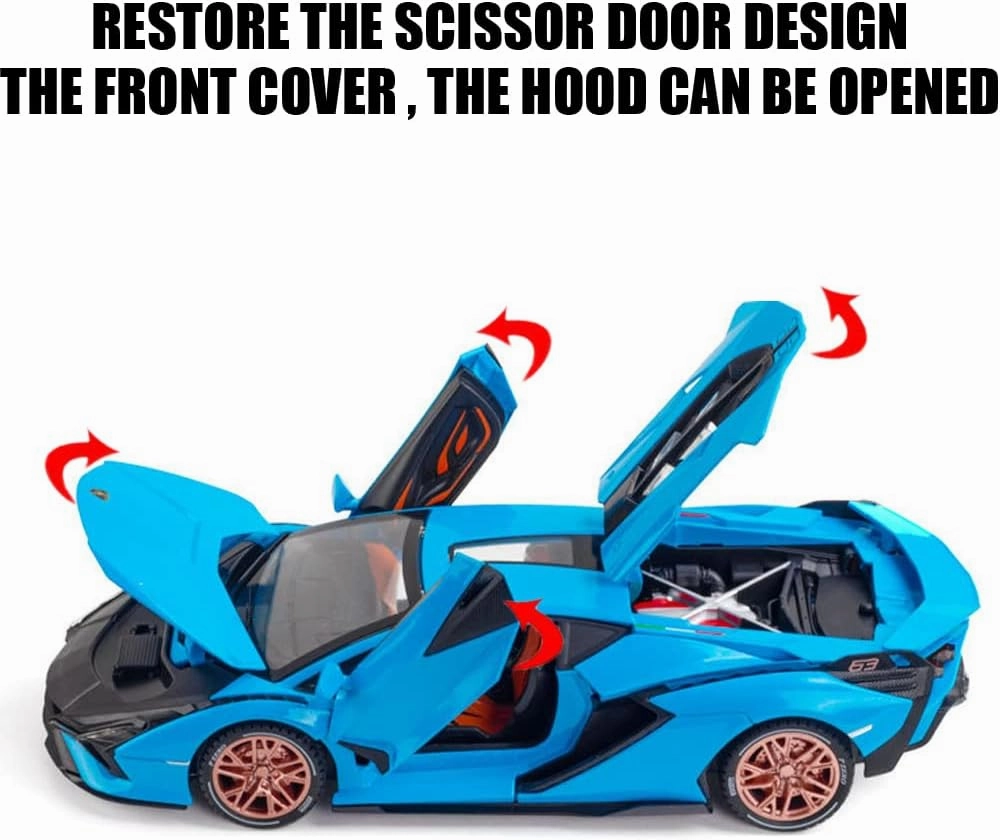1/24 Diecast Car Toys for Kids, Zinc Alloy Lambo Sian FKP 37 Model Toy Car with Light and Sound, Pull Back Vehicles Toy Car for Toddlers Boys Girls Birthday Gift (Blue)