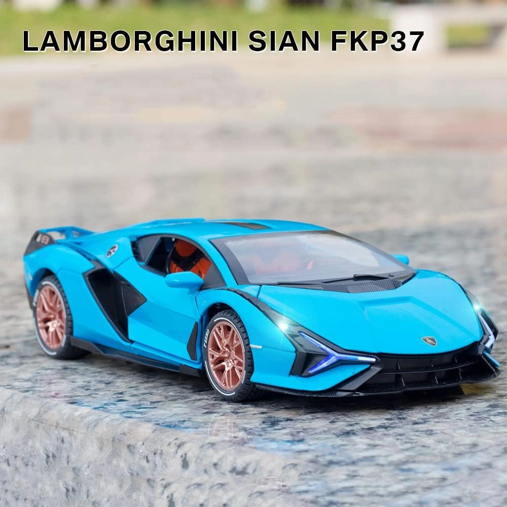 1/24 Diecast Car Toys for Kids, Zinc Alloy Lambo Sian FKP 37 Model Toy Car with Light and Sound, Pull Back Vehicles Toy Car for Toddlers Boys Girls Birthday Gift (Blue)