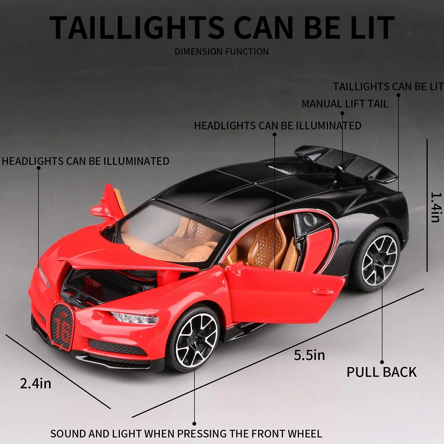 1:32 Bugatti Chiron zinc Alloy Pull Back Car Diecast Electronic Toys with Lights and Music,Decorative,Mini Vehicles Toys for Kids,Boyfriend,Young Peoples Gift（red）