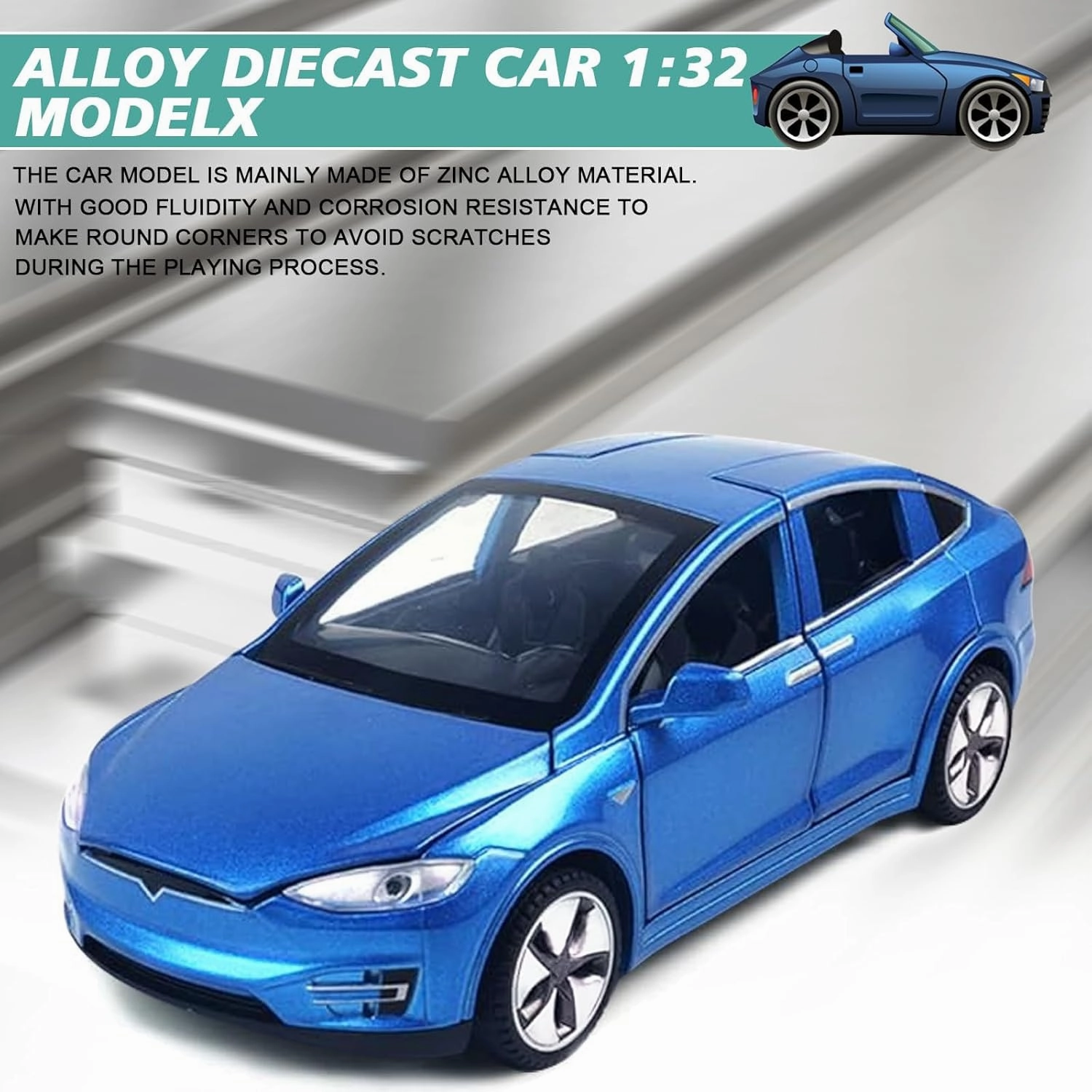 1:32 Model X Alloy Diecast Pull Back Toy Car with Open Doors, Lights and Music, Mini Vehicles Toys for Kids & Collectors (Blue)