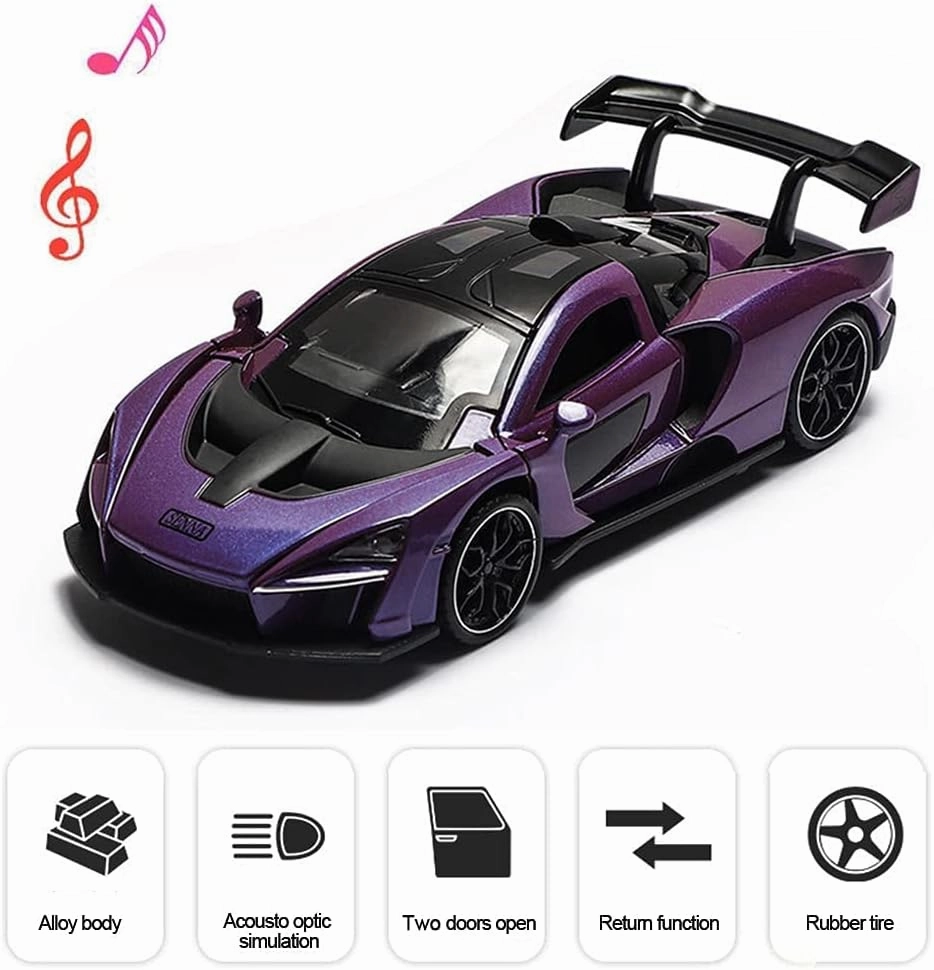 1:32 Scale McLaren Senna Pull Back Toy Car with Lights and Music - For Kids