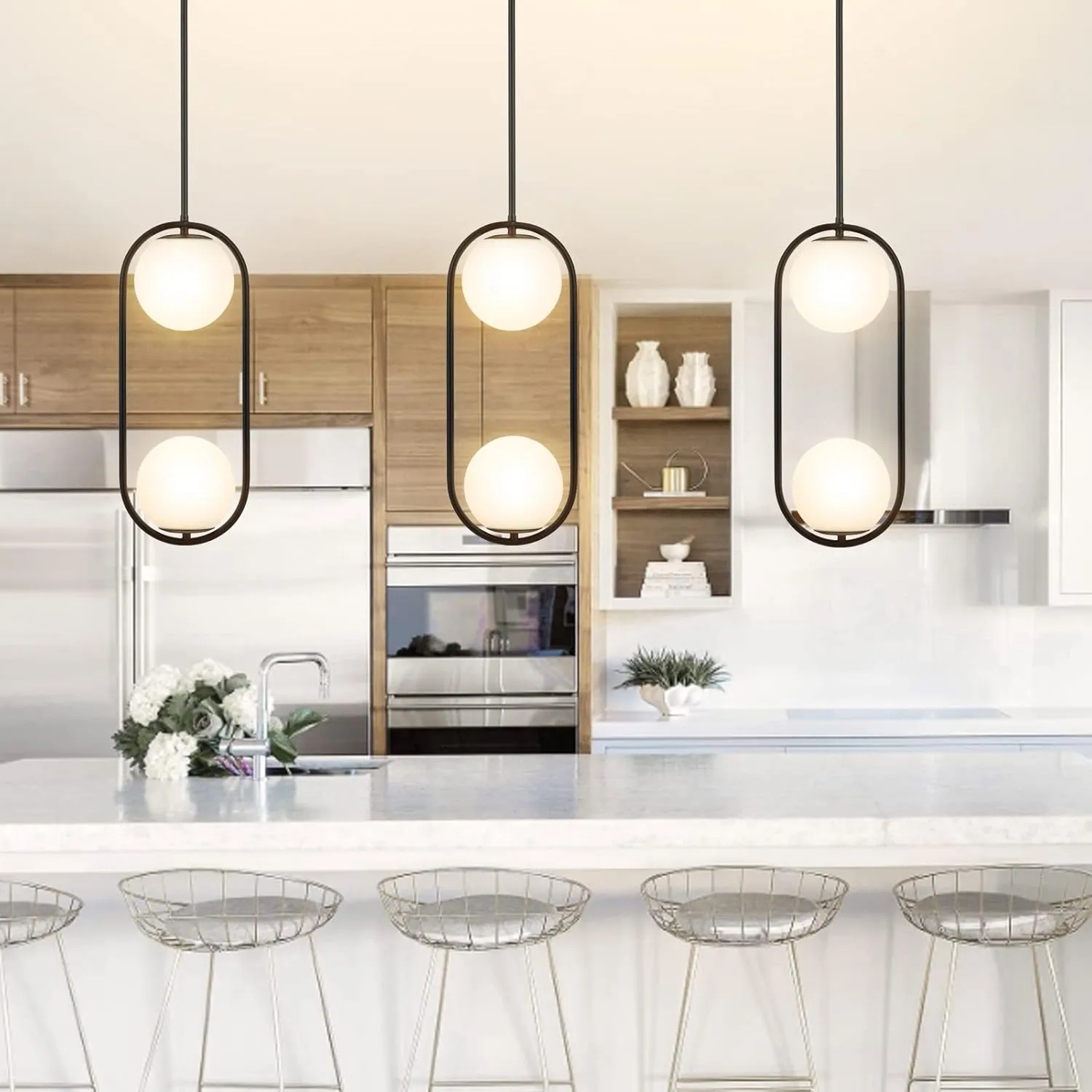 2-Lights Modern Globe Chandelier Mid Century Pendant Light Matte Black Ceiling Hanging Lighting Fixture with White Globe Glass Lampshade for Kitchen Island Dining Room Bedroom