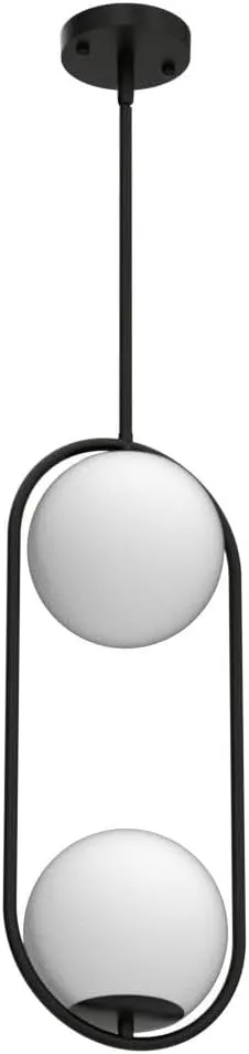 2-Lights Modern Globe Chandelier Mid Century Pendant Light Matte Black Ceiling Hanging Lighting Fixture with White Globe Glass Lampshade for Kitchen Island Dining Room Bedroom