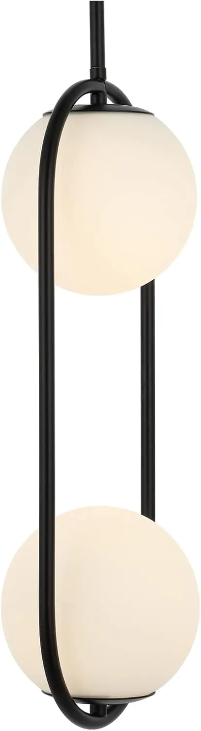 2-Lights Modern Globe Chandelier Mid Century Pendant Light Matte Black Ceiling Hanging Lighting Fixture with White Globe Glass Lampshade for Kitchen Island Dining Room Bedroom
