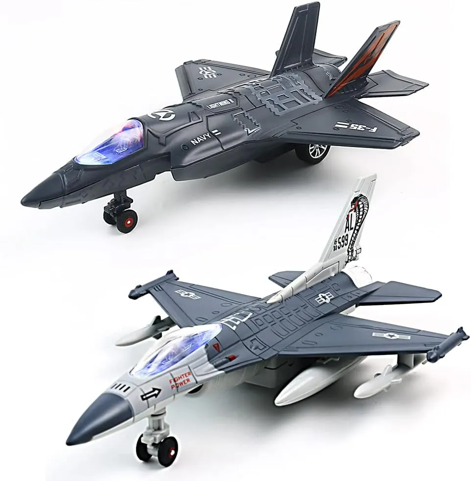 2 Pack Metal Airplane Toy for Boys, F35 F16 Fighter Jet Toy for Kids, Diecast Pull Back Toy Jets with Light & Sound, Airplanes Toys for Kids Gifts Decor (Light Blue F16   Black F35)