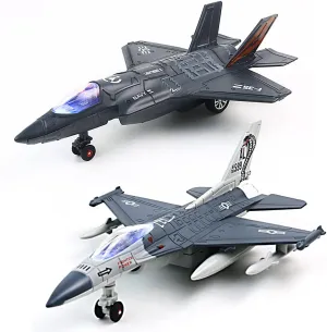 2 Pack Metal Airplane Toy for Boys, F35 F16 Fighter Jet Toy for Kids, Diecast Pull Back Toy Jets with Light & Sound, Airplanes Toys for Kids Gifts Decor (Light Blue F16   Black F35)
