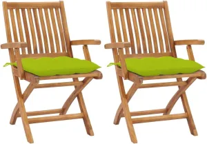 2-Piece Foldable Teak Wood Patio Chairs with Bright Green Cushions Outdoor Furniture Set, Solid Hardwood Lounge Chairs for Backyard Poolside Garden and Sunroom