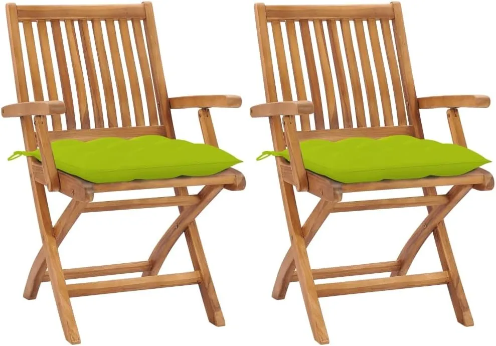 2-Piece Foldable Teak Wood Patio Chairs with Bright Green Cushions Outdoor Furniture Set, Solid Hardwood Lounge Chairs for Backyard Poolside Garden and Sunroom