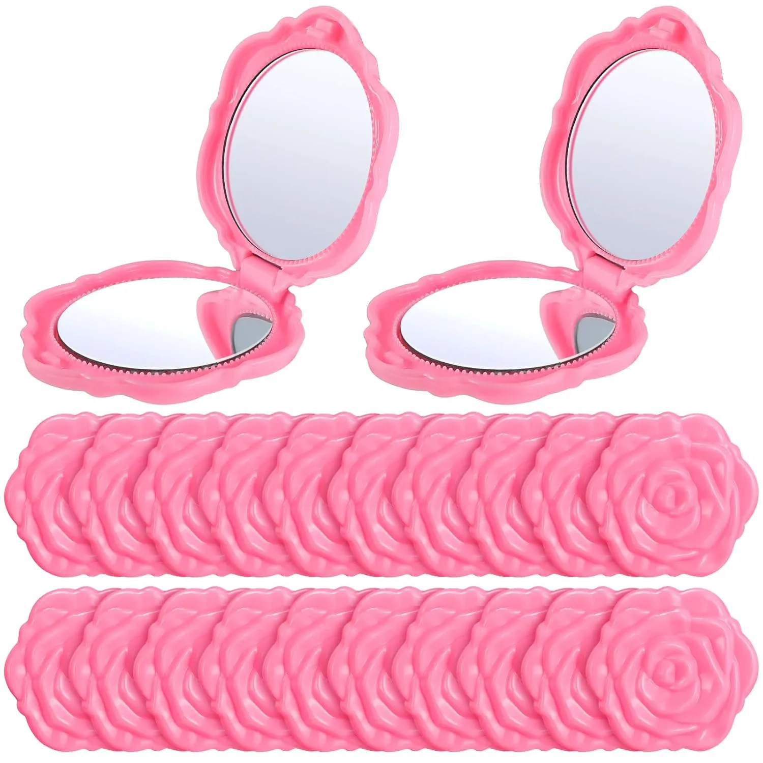 20 Pack Pink Compact Mirror Plastic Portable Foldable Rose Flower Shaped Makeup Mirror Hand Bridesmaids Gift for Women Girls Wedding Party