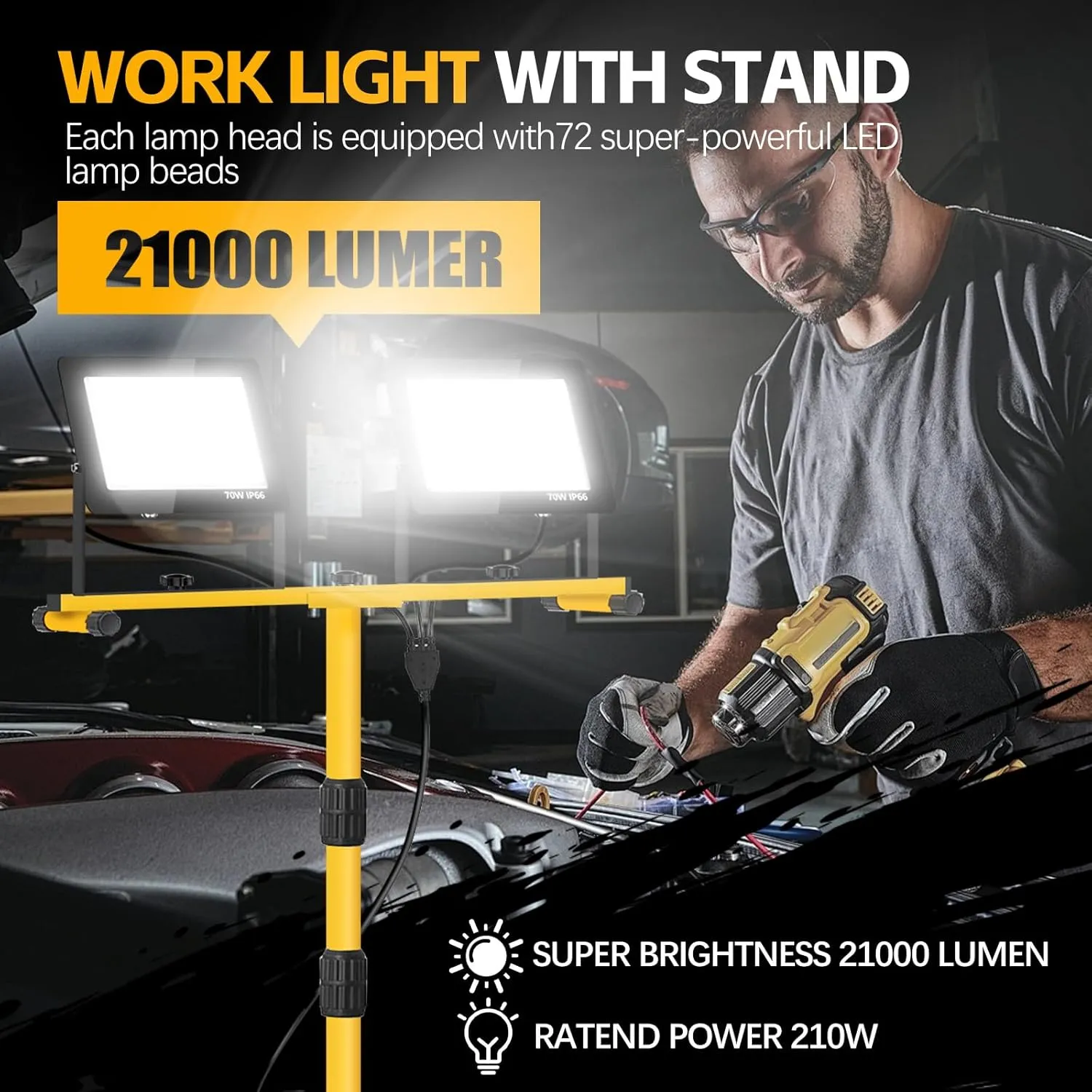 21000 Lumen Work Lights with Stand, 2 Adjustable Heads LED Work Lights, with Adjustable and Foldable Tripod Stand, Waterproof Lamp with Individual Switch with 6500 Kelvin Color Temperature (2-Heads)
