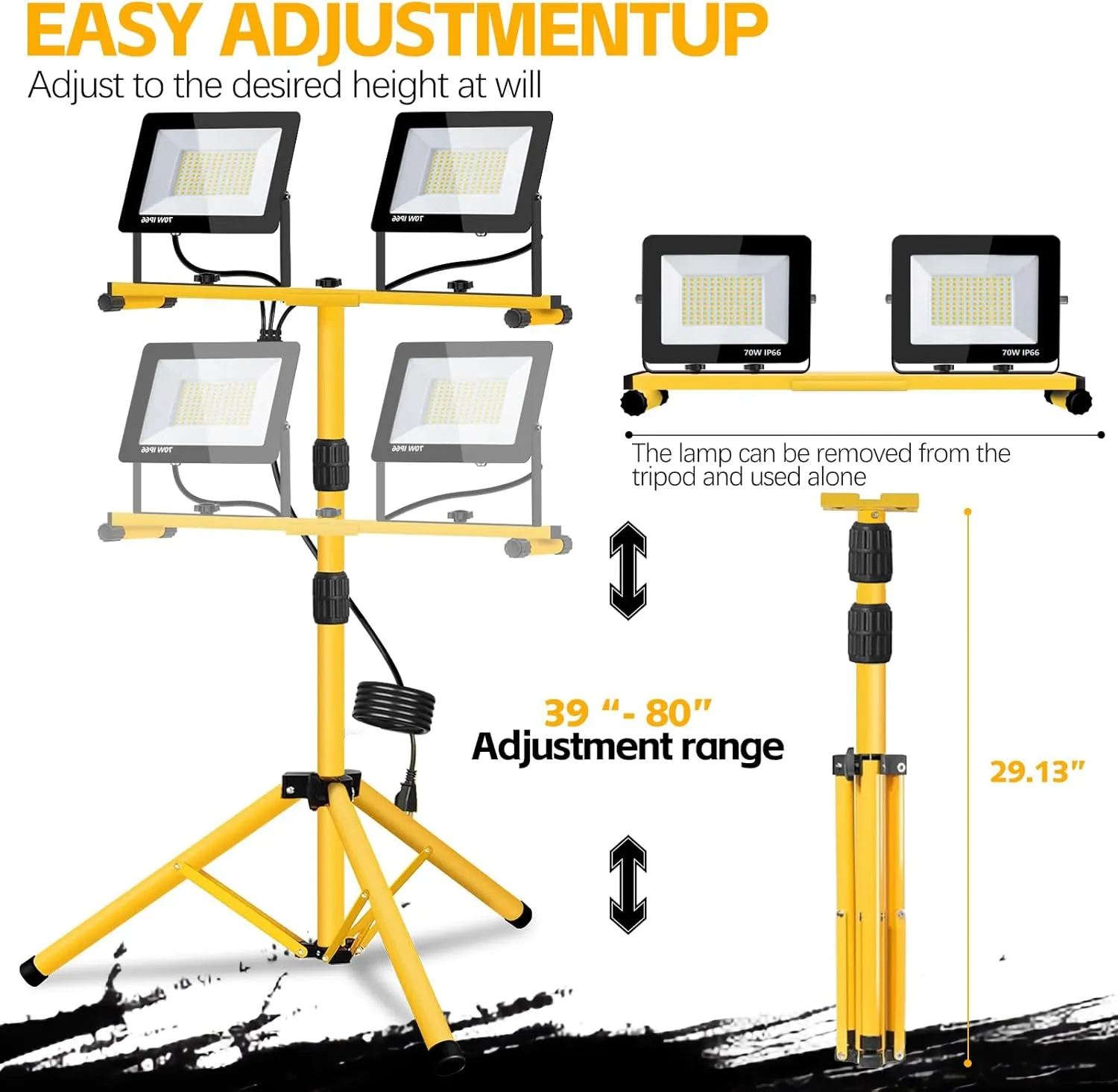 21000 Lumen Work Lights with Stand, 2 Adjustable Heads LED Work Lights, with Adjustable and Foldable Tripod Stand, Waterproof Lamp with Individual Switch with 6500 Kelvin Color Temperature (2-Heads)