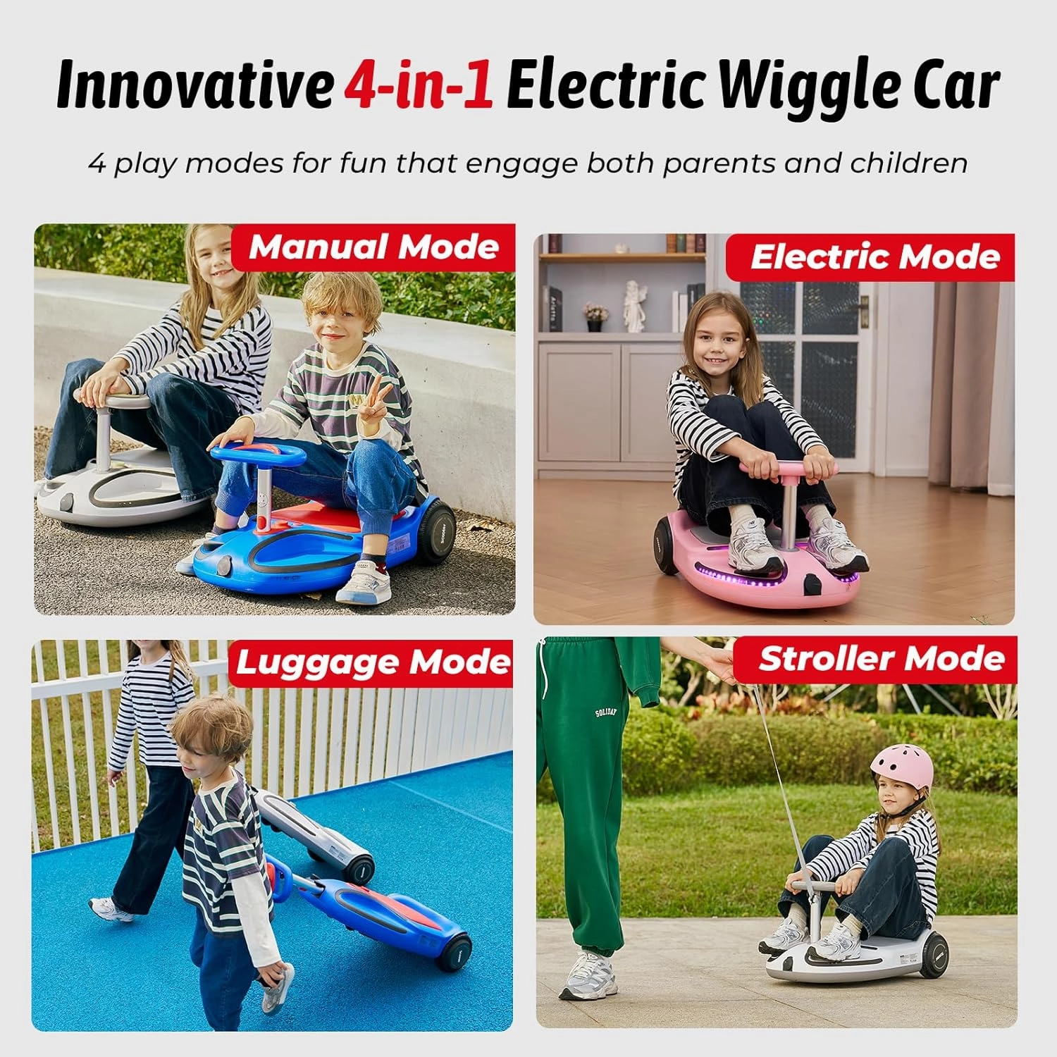 21.6V Electric Wiggle Car with Pedal and Pull Rope, 4 in 1 Swing Car,Lithium Rechargeable Battery, 3 Speed Wiggle Car Ride On Toy, 100  Lights, Bluetooth, Anti-Rollover for Ages 3  (Pink)