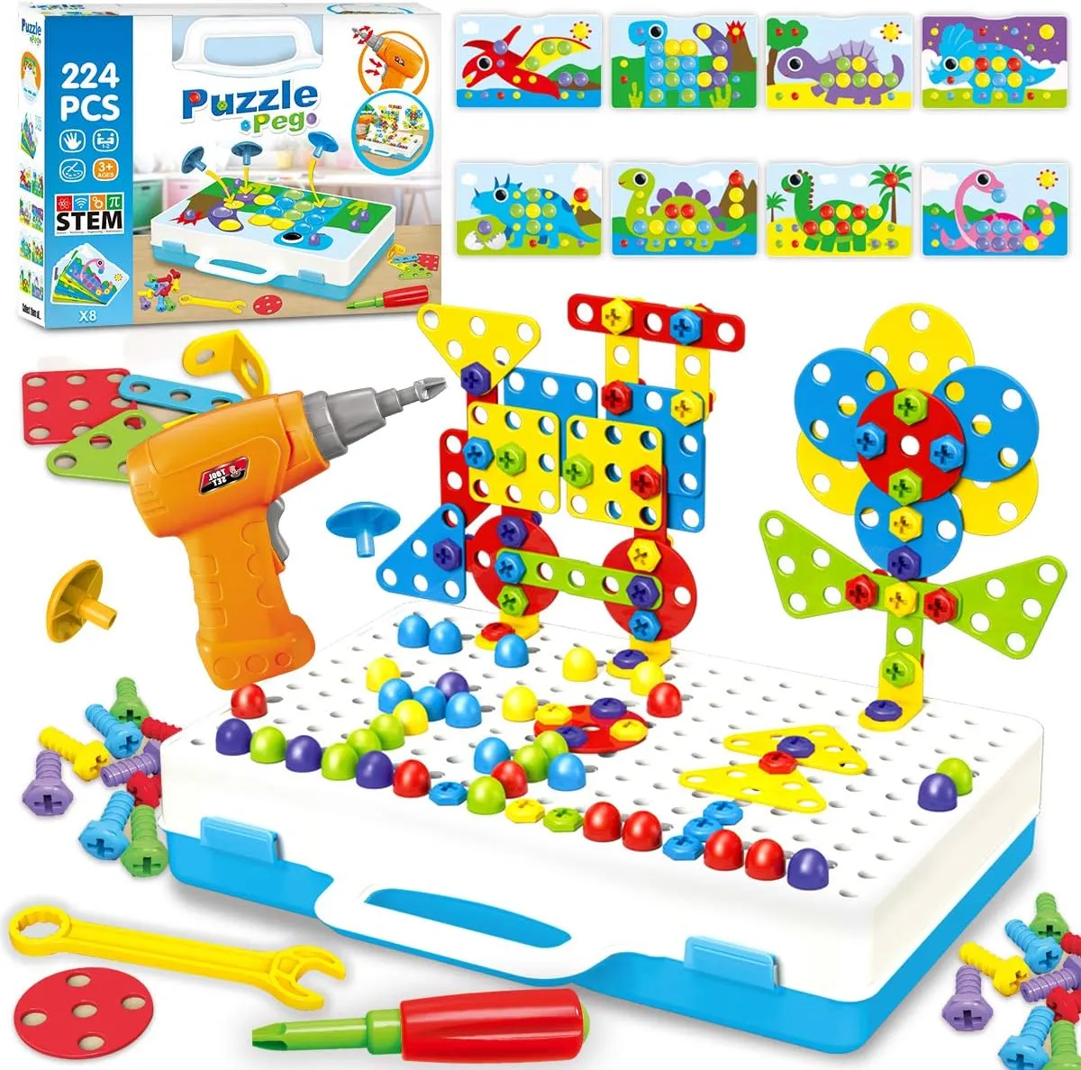 224 Pieces Creative Mosaic Drill Design Puzzle Set for Kids, Electric Drill and Screwdriver toy Tool DIY Educational Set, STEM Engineering Construction Projects for Boys and Girls Ages 3 4 5 6 7 8 9