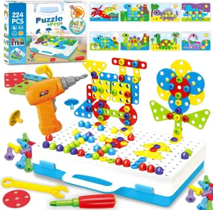 224 Pieces Creative Mosaic Drill Design Puzzle Set for Kids, Electric Drill and Screwdriver toy Tool DIY Educational Set, STEM Engineering Construction Projects for Boys and Girls Ages 3 4 5 6 7 8 9